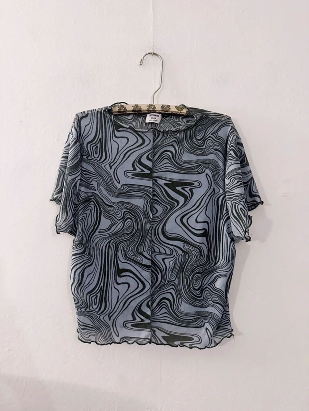 Cotton On Mesh Short Sleeve Top Wavey Trippy Print Green Blue Lettuce Hem - Picture 5 of 5